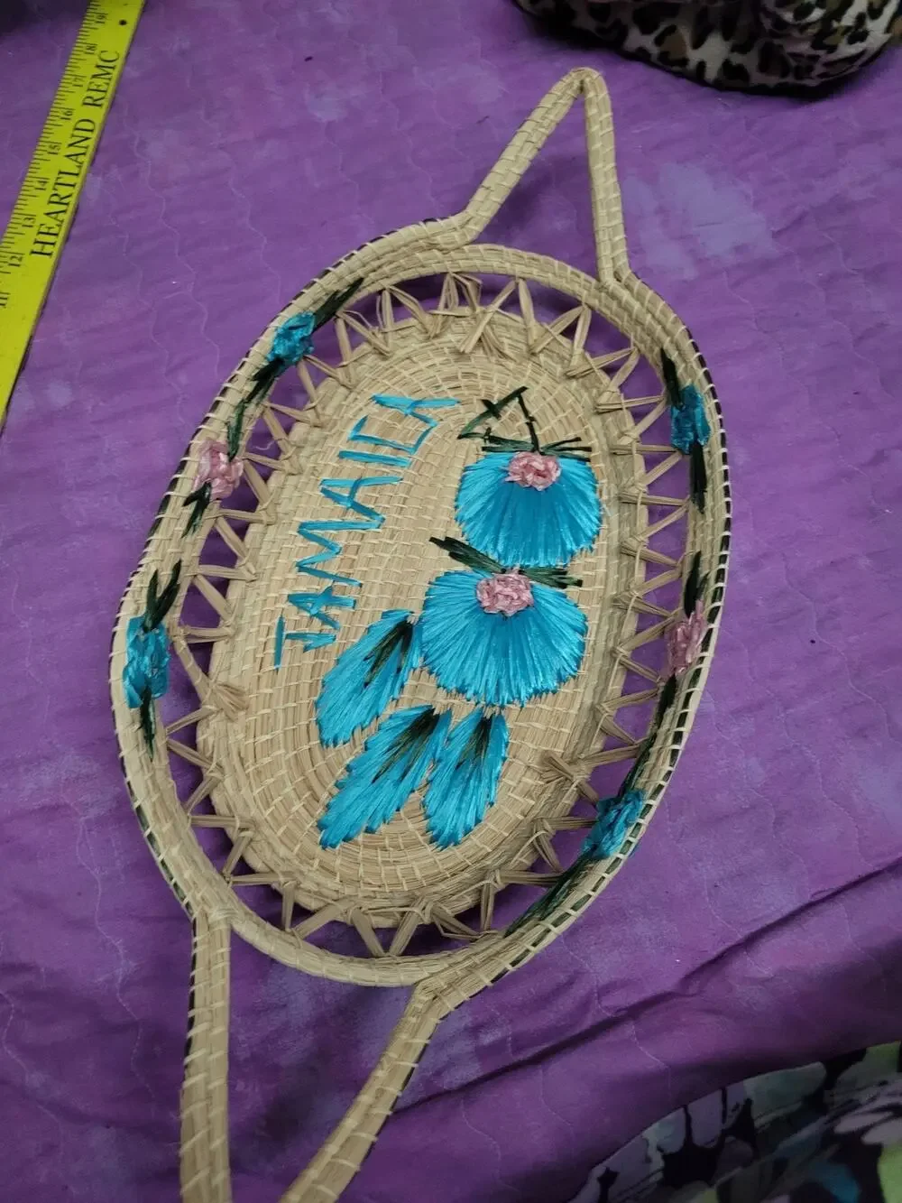 Vintage Woven Straw Oval Basket Tray w/Floral Embroidery & Handles Jamaica